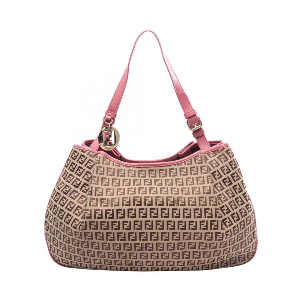 Fendi Zucchino Shoulder Bag/Handbag, Canvas and Leather, Women's, Beige/Pink